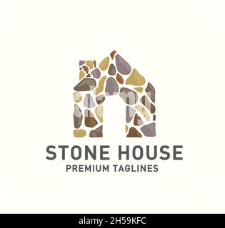 stone house logo vector,Home with stones shape logo design.creative house with build stones Stock Vector