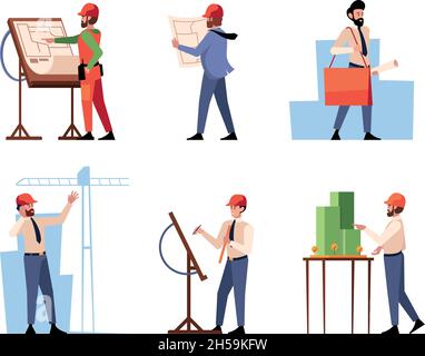Architects and builders. Construction outdoor processes professional workers engineers and industry architectors holding plans garish vector flat Stock Vector