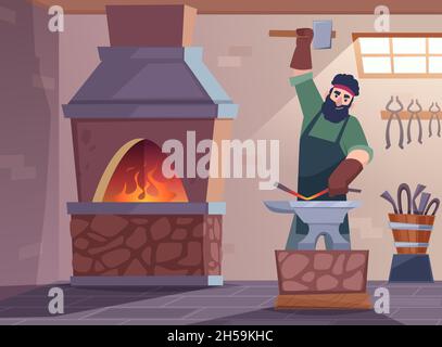 Foundry workshop background. Blacksmith worker making steel sword medieval fantasy character with hammer and traditional instruments exact vector Stock Vector