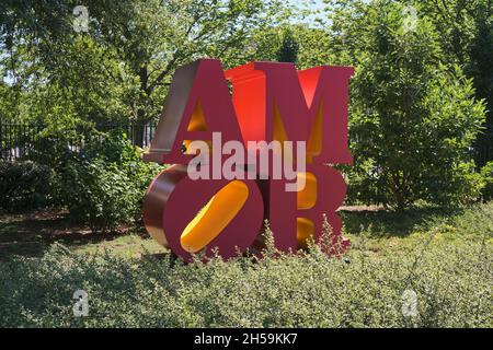 The Robert Indiana sculpture, Amor (Love), the classic text, letter work. At the National Gallery of Art sculpture garden in Washington DC. Stock Photo