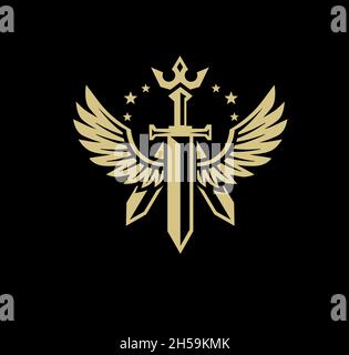 Sword accompanied by wings and crown symbolizing guardian angel protection Stock Vector