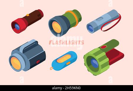 Flashlight. Lamps lantern electric night beams searching in dark garish vector isometric flashlight Stock Vector