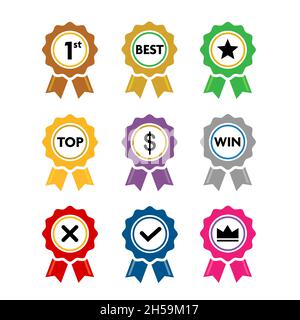 Collection of colorful award ribbons with sign vector set isolated on white background - Vector illustration Stock Vector