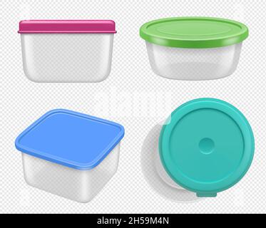 Plastic containers. Boxes for food various views containers collection decent vector realistic templates Stock Vector
