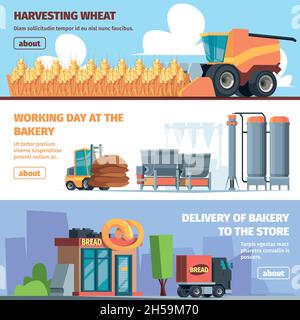 Bread production banners. Rural farming vehicles and windmill harvesting processes garish vector ads templates with place for text Stock Vector