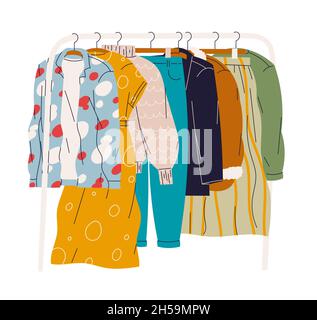 Clothes hanging on a hanger in the checkroom or store Stock Vector