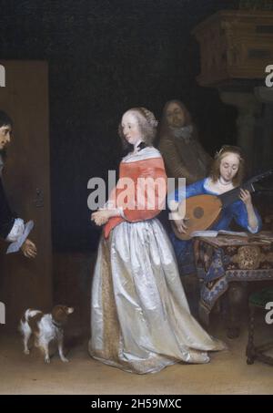 Dog and white satin dress detail in an oil painting titled The Suitor's Visit by the Dutch artist Gerard Ter Borch The Younger. At the National Galler Stock Photo