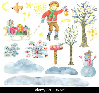 Design set with children on sledges, snowman, shrubs with berries, decorated trees isolated on white.  Watercolor illustrations. Winter Christmas and Stock Photo