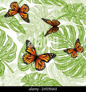 Graphic monstera leaf. Seamless background with jungle leaves and butterflies. Beautiful hand drawn exotic plants. Vector illustration Stock Vector