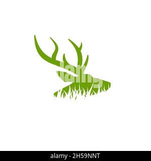 Green deer head with grass. vector flat silhouette isolated on white background. Wild animal symbol. Nature, winter, forest sign. Stock Vector