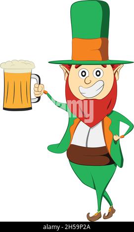 Saint Patricks Day leprechaun character. Holding a mug of fresh craft beer. Green suite leprechaun celebrating Irish festival. Stock Vector