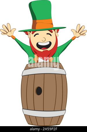 Saint Patricks Day leprechaun character. Leprechaun jumping out of a barrel. Green suite leprechaun celebrating Irish festival. Stock Vector
