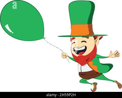 Saint Patricks Day leprechaun character. Running with a green baloon in hand. Green suite leprechaun celebrating Irish festival. Stock Vector