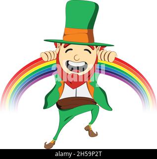 Saint Patricks Day leprechaun character. Laughing and Playing with Rainbow. Green suite leprechaun celebrating Irish festival. Stock Vector