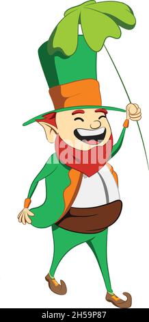 Saint Patricks Day leprechaun character. Holding a clover leaf over head. Green suite leprechaun celebrating Irish festival. Stock Vector