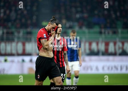 Zlatan Ibrahimovic of AC Milan in action during the Serie A 2021/2022 match between AC Milan and Inter FCI at Giuseppe Meazza Stadium on November 7,20 Stock Photo