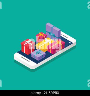 Pile of gift boxes on the smartphone screen isometric. Vector illustration Stock Vector