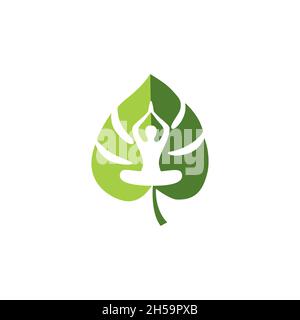 a logo with a simple fitness concept made from a combination of the logo of a person doing yoga with leaves. Stock Vector