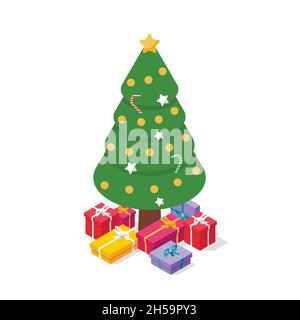 Isometric christmas tree with gift boxes and decorations. Vector illustration Stock Vector