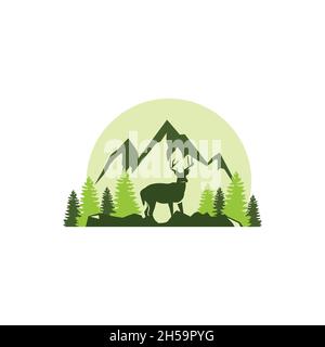 modern, vintage, elegant, playful logo, with the concept of forest in the mountain.. Stock Vector