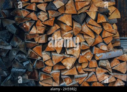 A pile of fire wood chopped and prepared for burning and heating the house in rural area in winter. Stock Photo