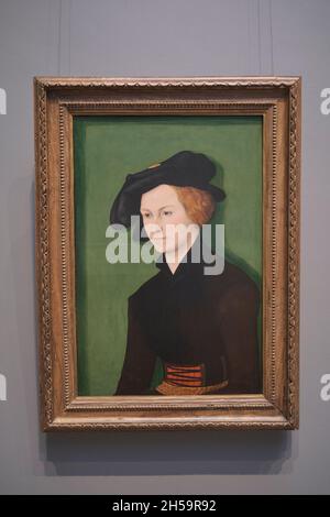 An oil painting on panel with green background titled Portrait of a Man by the German artist Lucas Cranach The Elder. At the National Gallery of Art i Stock Photo