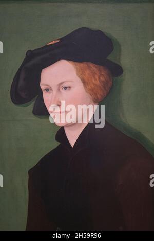 An oil painting on panel with green background titled Portrait of a Man by the German artist Lucas Cranach The Elder. At the National Gallery of Art i Stock Photo