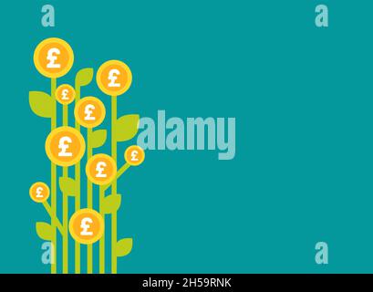 Green bamboo plant with gold pound sterling coins. Money tree on blue background. Flat vector illustration of growing profit and wealth. Stock Vector