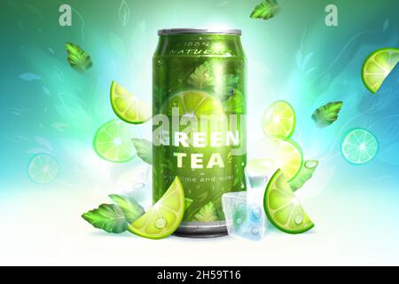 Realistic aluminium can with ice tea drink on refreshing background. Metal bottle with soft beverage with ice cubes, lemon pieces and green leaves around. Banner design template for advertising. Stock Vector
