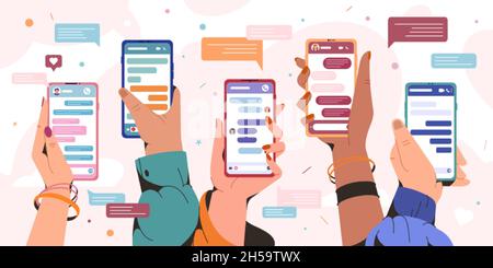 Hands holding smartphones with message chart. People chatting with friends and sending new messages. Sms bubbles boxes on mobile phone screen. Social media communication concept in flat style. Stock Vector