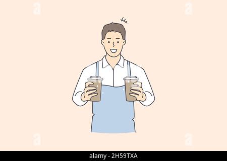 Working as barista in cafeteria concept. Young smiling man barista cartoon character wearing apron standing holding cups with coffee drink vector illustration  Stock Vector