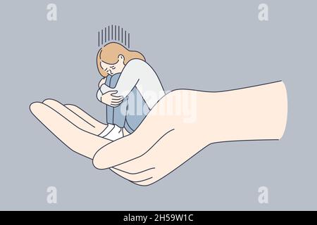 Helping hand and depression concept. Huge human hand holding tiny sitting depressed unhappy sad woman over grey background vector illustration  Stock Vector