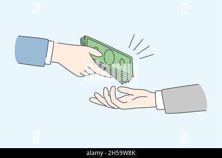 Financial crime and bribe concept. Human hands giving and taking money bribe doing corruption over blue background vector illustration  Stock Vector