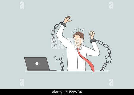 Freedom and breaking fetter concept. Young positive businessman worker sitting in office at laptop breaking fetters feeling free vector illustration  Stock Vector