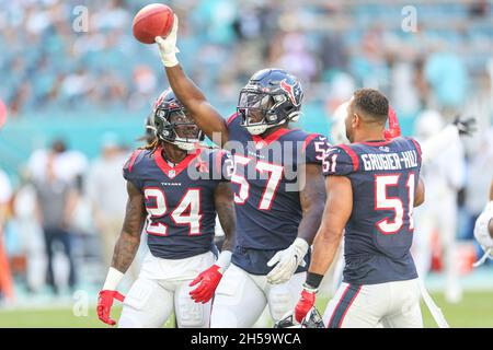 Houston Texans defensive back Tremon Smith (1) runs with the ball during an  NFL football game against the Miami Dolphins, Sunday, Nov. 27, 2022, in  Miami Gardens, Fla. (AP Photo/Doug Murray Stock