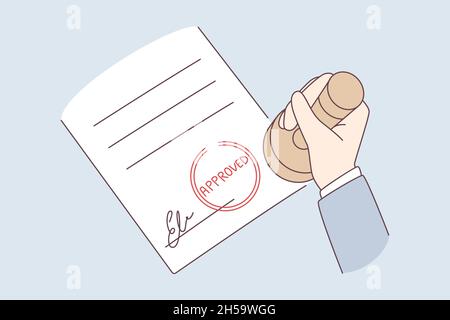 Verification and approval of official document concept. Human hand holding official stamp over approved document with signature vector illustration  Stock Vector