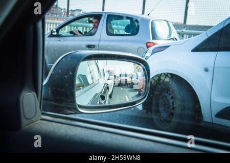 A rear-view, rearview mirror, D1 motorway, highway, rescue alley, ambulance, accident, traffic jam, April 21, 2021.   (CTK Photo/Libor Sojka) Stock Photo