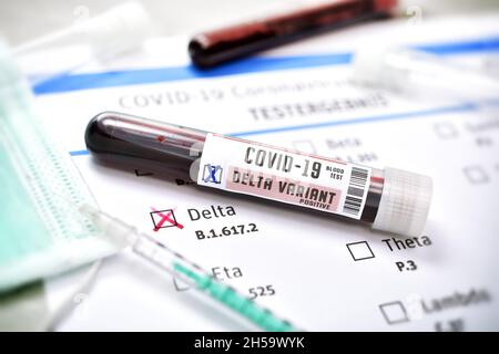 Blutprobe mit Coronavirus Delta-Variante B.1.617.2, Symbolfoto Stock Photo