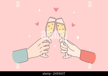 Celebrating with champagne and cheers concept. Human hands of couple clinking glasses with sparkling wine celebrating holiday vector illustration  Stock Vector