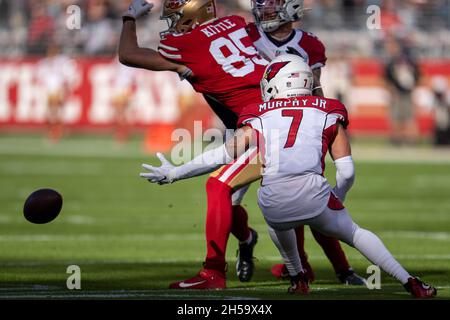 San Francisco 49ers fullback Kyle Juszczyk (44) runs against Arizona  Cardinals linebacker Tanner Vallejo (51) during the first half of an NFL  football game in Santa Clara, Calif., Sunday, Nov. 7, 2021. (