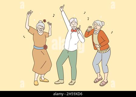 Elderly mature people active lifestyle concept. Group of happy old grey haired men and women dancing having fun enjoying time together vector illustration  Stock Vector