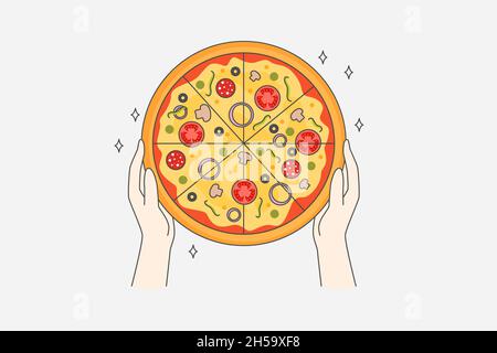 Eating pizza and fast food concept. Top view of human hands holding fresh baked pizza with salami tomatoes mushrooms for dinner vector illustration  Stock Vector