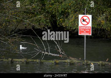 Danger sign forbidding swimming due to deep water at the boating lake, Corby, England. Stock Photo