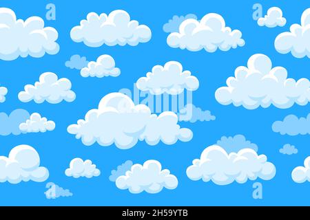 Clouds on sky seamless pattern. Cloud flying in heaven, kids print or wallpaper. Cloudy texture, spring summer weather garish vector background Stock Vector