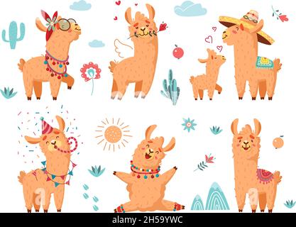 Cute llama. Alpaca characters, wool cartoon animals with flowers. Baby lama with mother, funny birthday fluffy wild alpacas, classy vector collection Stock Vector