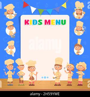 Kids menu background. Children chefs, kid cooking blank poster. Lunch or dinner, kitchen team. Cartoon little child with meal decent vector banner Stock Vector