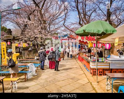 22 March 2019: Tokyo, Japan - Food stalls along the approach to the Ueno Toshogu Shinto Shrine in Ueno Onshi Park, Tokyo, in spring. Stock Photo