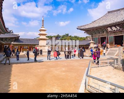 31 March 2019: Gyeong-Ju, South Korea - Visitors at the Bulguksa Buddhist Temple, Gyeong-Ju, a UNESCO World Heritage site. Stock Photo