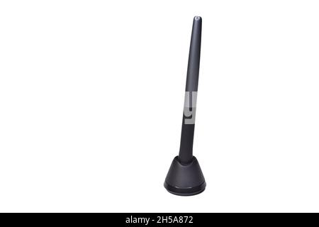 Digital pen in holder for graphics tablet on white background. Stylus as an digital input device for drawing images, animations and graphics. Stock Photo