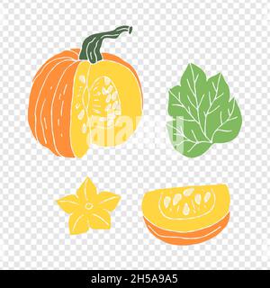 Hand drawn doodle orange pumpkin silhouette on gray and white squares Stock Vector